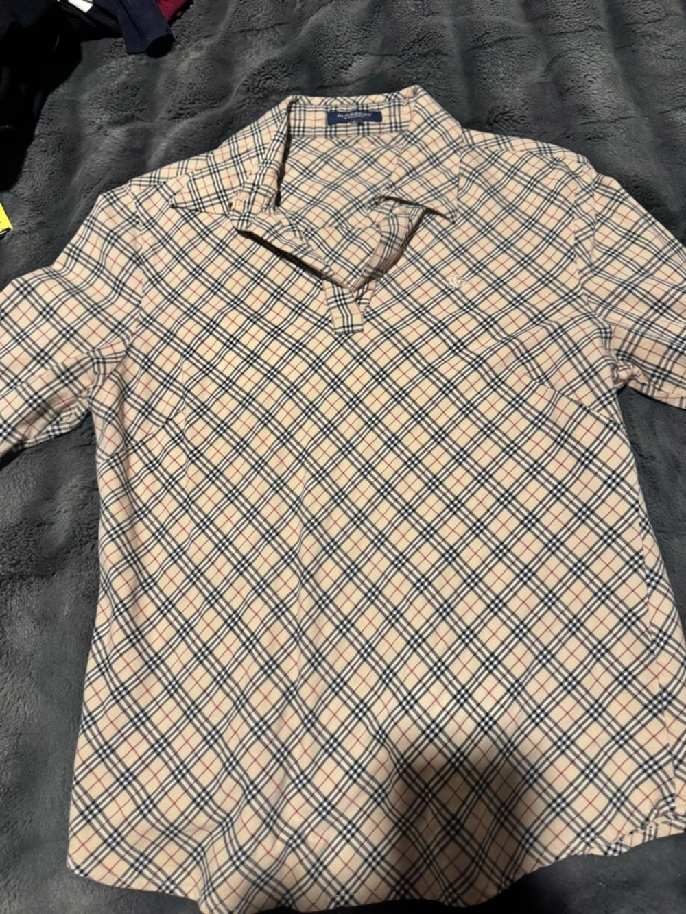 Burberry Beige Plaid Short-Sleeve Polo with Navy and Red Accents